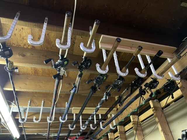 Garage Ceiling Rod Storage - Fishing Rods, Reels, Line, and Knots