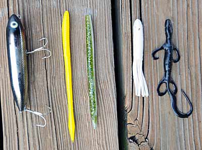 Five lures for tricking bass during the spawn are a walking topwater plug, floating worm, stickworm, tube bait and plastic lizard.