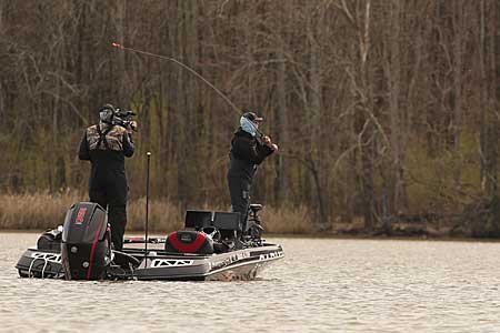 Bassmaster Elite Series angler Todd Auten regularly catches bass on crankbaits from dirty cold water. The key is fishing the best spots with the best crankbait. Photo courtesy of B.A.S.S./Seigo Saito