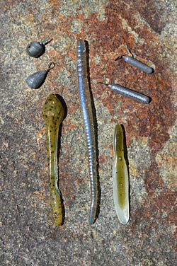 What lure style and what weight size are the two most-important questions to answer when assembling a drop-shot rig for bedding bass. Use lures that have a straight or flat tail, which create the most action when shook in place, and just enough weight to ensure precise presentations. Photo by Pete M. Anderson