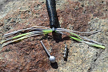 Weights for Neko rigs come in a variety of shapes, including some that incorporate a skirt. But they all share one trait: a nail-like section that’s inserted into the soft-plastic lure. Photo by Pete M. Anderson