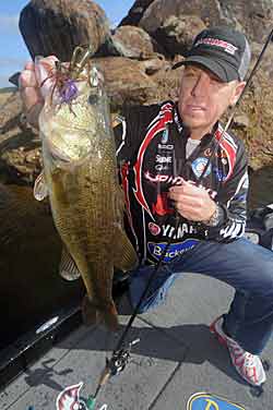 A jig and craw is Russ Lane’s favorite power bait for skipping with a baitcast reel.