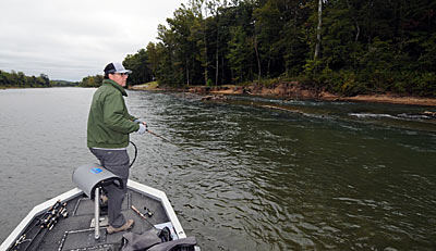 The lower half of fast water holes are favorite spots for Missouri guide Bill Smith to find smallmouth bass in the fall.