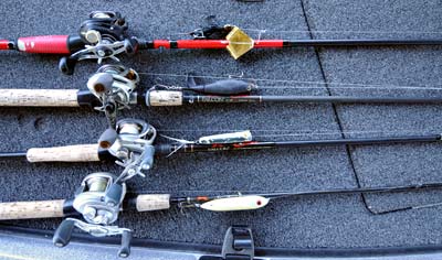 Guide Denise Dill’s four favorite lures for fall topwater fishing are (from top) a Zara Spook, Rattlin' Chug Bug, Choppo, and Headknocker Buzz Bait.