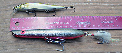 How big is a big lure? For some perspective, here’s a Megabass Vision 110, one of the most popular jerkbaits fished today, next to a Cotton Cordell Pencil Popper, which are fished for bass on Clarks Hill Reservoir during the blueback herring spawn. Photo by Pete Anderson