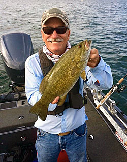 Jim Balzer with a Lake Erie smallmouth caught using a drop-shotting rig.