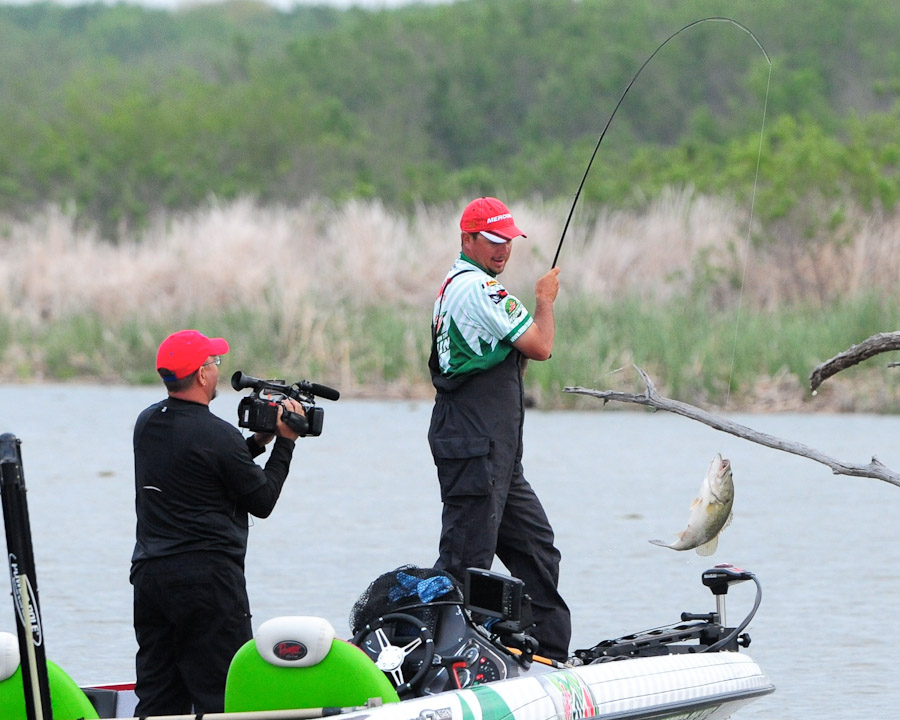 Diet Mountain Dew pro Jason Christie of Oklahoma catches one of his five bass early