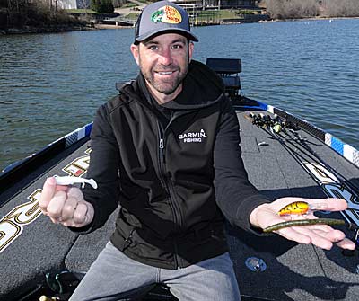 Missouri guide Casey Scanlon selects three lures for his inexperienced clients to catch bass: a swimbait, crankbait, and stickworm. 