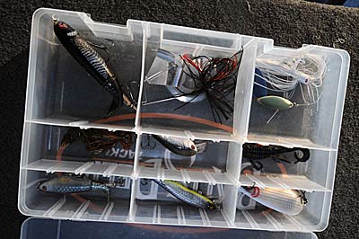 Beginning anglers can organize their lures and other gear by carrying a tackle management system with plastic utility boxes stored in a soft-side bag.