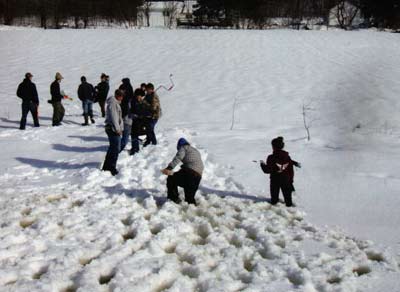A perfect setting for winterkill. Snow-covered ice, a pond with lots of organic matter. Winterkill is imminent here. Fixing the water during warm months can minimize the risks.