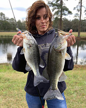 Finding the best fishing spots in a pond can be difficult, but not impossible, from the bank. It requires a mix of approaches and observations, such as watching for schooling fish. That led North Carolina angler Samantha Gay to these two largemouth, which she caught on one cast. Photo courtesy of Samantha Gay