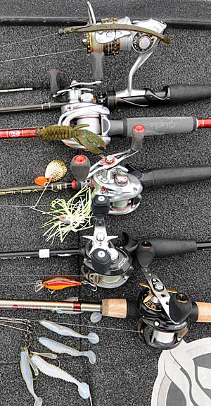 Five lures to try for prespawn bass are (top to bottom) a shaky head worm, creature bait, spinnerbait, crankbait and Alabama rig with swimbaits. 