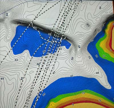 The blue shaded spot in the middle shows what an offshore hump looks like on a Garmin unit’s electronic map. 