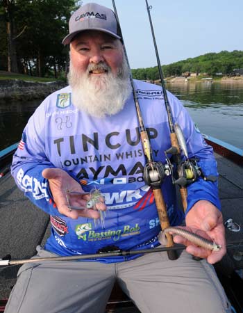Dion Hibdon's favorite lures for catching bass during the shad spawn are (clockwise from left) a spinnerbait, topwater popper, topwater walker, and swimbait. 