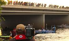 But the sign doesn’t say you can’t cheer for Bassmaster Elite pros at morning launch from the Clinton Street Bridge.